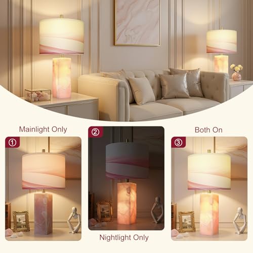 23" Alabaster Table Lamp Set of 2 with Night Light for Bedroom (2 Count)