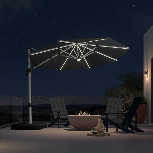 Cantilever Patio Umbrella 10ft Round Solar LED Light