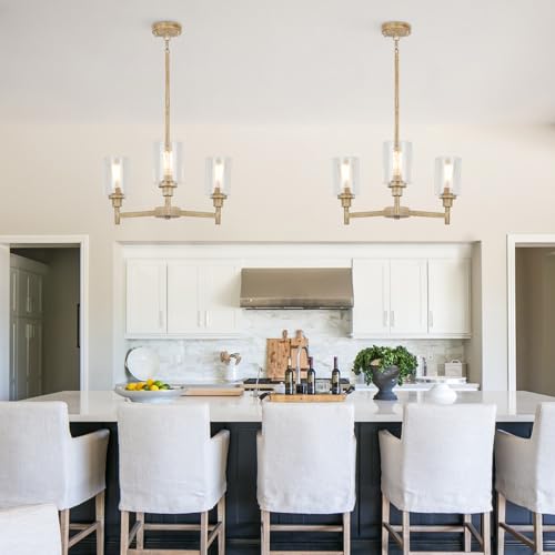 3 Light Fake Wood Rustic Chandeliers for Dining Room with Clear Glass Cover