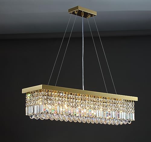Modern Gold Crystal Chandelier Rectangle Chandeliers for Dining Room Rectangular Pendant Lighting Fixture for Kitchen Island Bedroom L31.5'' x W10'' x H10''
