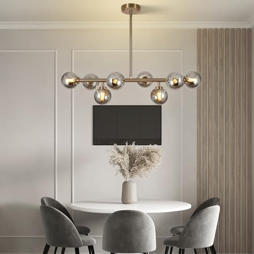 Sputnik Chandelier Gold Pendant Linear Light Modern Mid Century Light Fixture Grey Globe Shade for Dining Living Room Kitchen Island 8