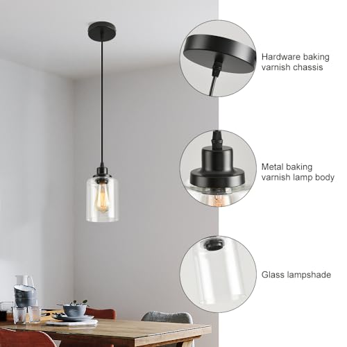 3 Lights Industrial Pendant Light with Glass Shade Matte Black Pendant Lighting Adjustable Industrial Retro Style Hanging Light (3 Count)