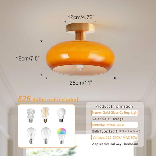Orange Glass Close to Ceiling Light Fixtures Gold Flush Mount Light