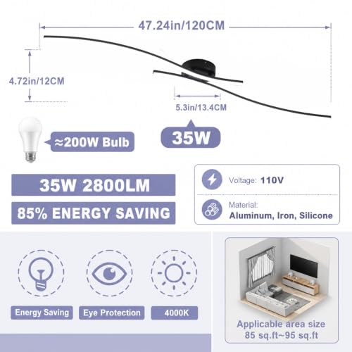 47.24inch Linear Ceiling Light Black Modern LED Ceiling Light Fixture 4000K Aluminum Long Ceiling Lamp for Hallway (2 Count)