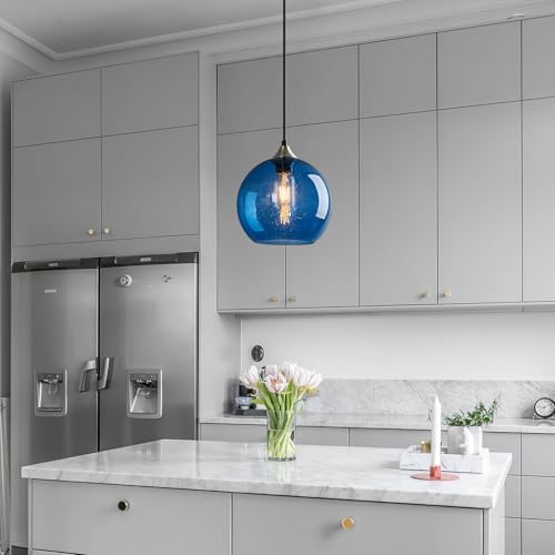 Blue Glass Pendant Lights Kitchen Island Lighting Globe Pendant Light Fixtures Modern Pendant Lighting for Kitchen Island Bedroom Living Dining Room Light Fixture (2 Count)