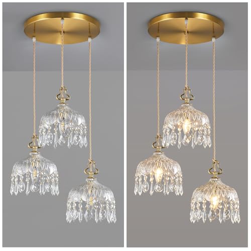 3 Light Pendant Light Fixtures Brass Vintage Glass Pendant Lights Crystal Hanging Light Fixtures (3 Count)