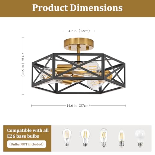 Modern Farmhouse Black and Gold Semi Flush Mount Ceiling Light 14.6 in