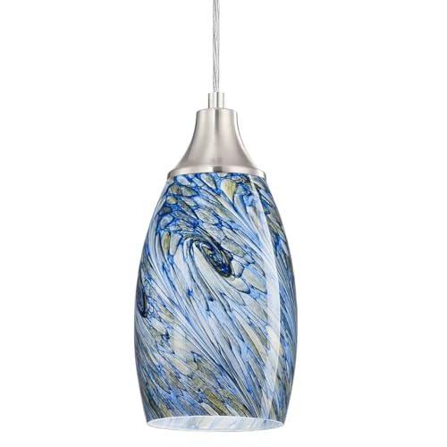 Mini Pendant Lights Kitchen Island White Blue Glass Lamp Shade Hand Blown Glass Pendant Light with Brush Nickel Finish Adjustable Cord for Kitchen Over Sink Hallway