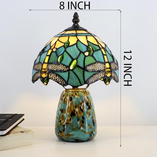 Tiffany Mushroom Table Lamp Dragonfly Style Blue Yellow Stained Glass Accent Lamp Brown Blue Glass Base 8X8X12 Inch