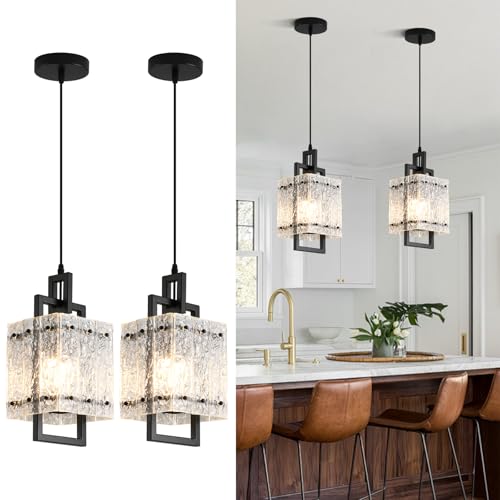 Modern Pendant Lights Kitchen Island 2 Pack Matte Black Pendant Lights Water Ripple Glass Square Pendant Lighting Over Island Hanging Pendant Light Fixtures for Kitchen Dining Room Hallway Foyer (2 Count)
