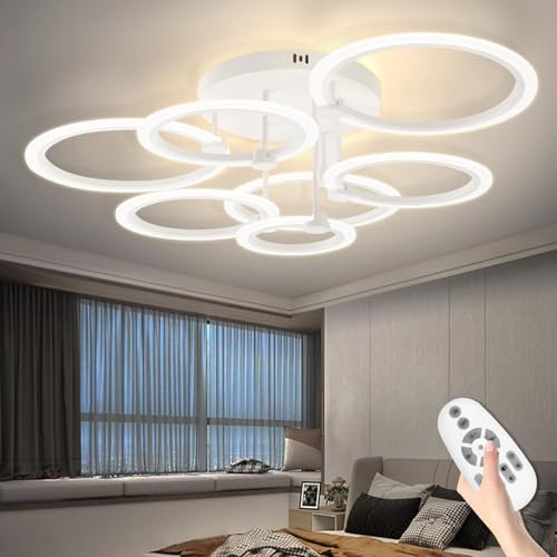 Modern LED Ceiling Light Dimmable Ceiling Light Fixtures with Remote 7 Rings White Close to Ceiling Lights 31.8" 130W 3000K