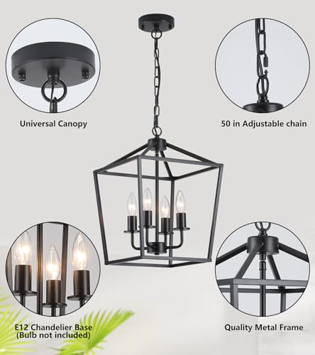 UL Listed Black Industrial 4 Light Lantern Chandelier Ceiling Light Fixtures Farmhouse Metal Cage Rustic Geometric Pendant Light for Kitchen Island Entryway Dining Room Stairs and Hallway