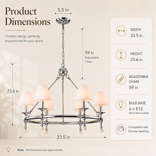 6 Light W34 Inch Polished Nickel Statement Chandelier with White Pleated Fabric Shades and Alabaster Finials Large Round Designer Lighting for Dining Room Living Room