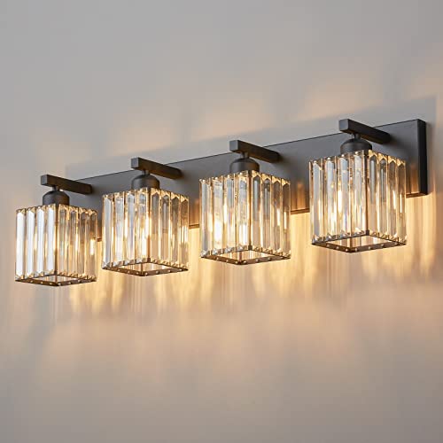 Modern 4 Light Black Crystal Bathroom Vanity Light Fixtures
