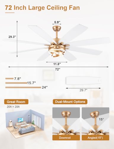 72'' Large Modern White and Gold Ceiling Fans with Lights