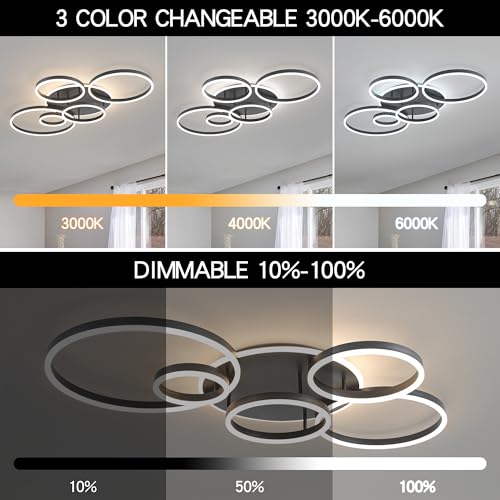 Black Flush Mount Ceiling Light Dimmable Dining Room Light Fixture Round 6 Rings Modern LED Ceiling Light with Remote Control 47" Kitchen Lighting Fixture Ceiling Lamp for Living Room