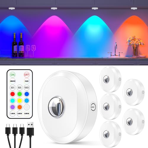 RGB Rechargeable Puck Lights with Remote Control (6 Count)
