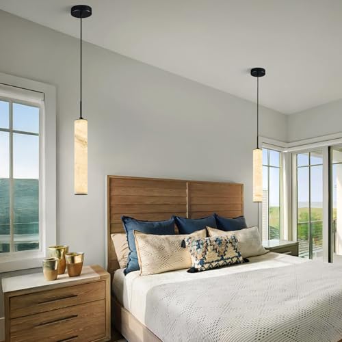 Natural Alabaster Pendant Lights for Kitchen Island White Marble Long Tube Chandelier 4000K Modern Black Ceiling Light Fixtures for Bedroom Dining Room Table Living Room Hallway