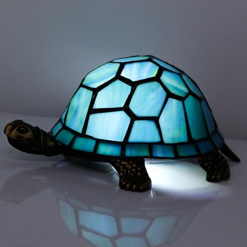 Tiffany Tortoise Lamp Small Stained Glass 8X5X4 Inch Blue Green
