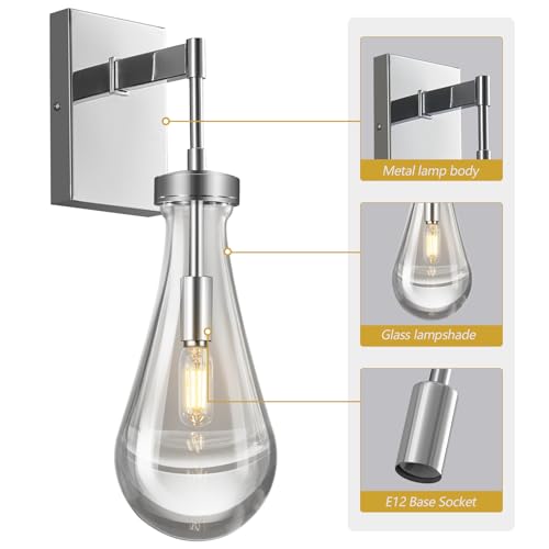 Raindrop Wall Sconces Set of Two Chrome Sconces Wall Decor Modern Wall Lighting Glass Bathroom Sconces Indoor Vanity Light Wall Lamp for Bedroom Living Room Stair (2 Count)