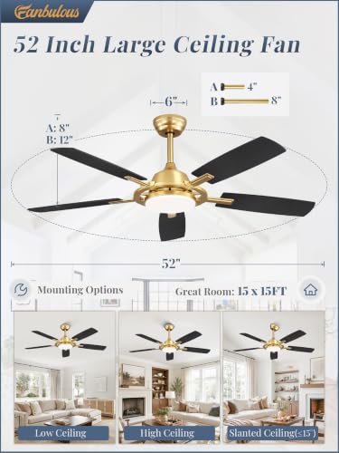 52 Inch Black Ceiling Fans with 3CCT Lights and Remote (Gold / 52")