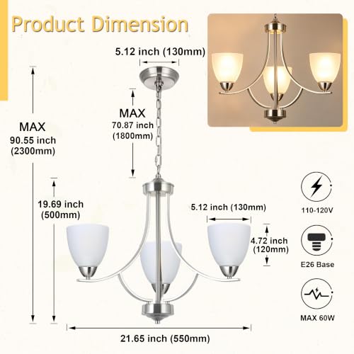 3 Light Contemporary Chandeliers Brushed Nickel Modern Light Fixtures Ceiling Hanging Classic Pendant Lighting for Foyer Bedroom Dining Room Bathroom
