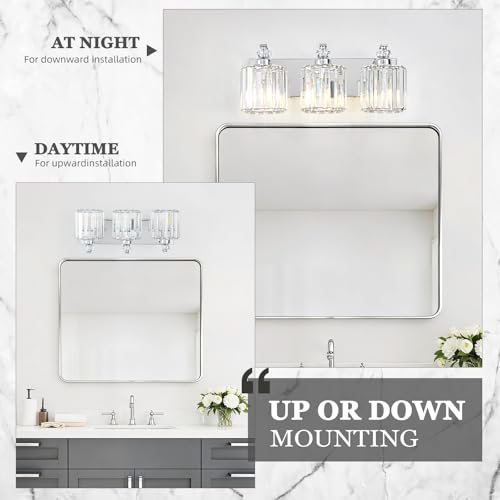 3 Light Modern Bathroom Light Fixture Chrome Vanity Lights Over Mirror Wall Sconce Lighting with K9 Crystal Shades Bathroom Wall Lamp E26 Base for Bedroom
