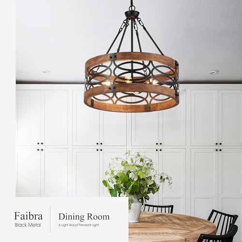 19.7" 6 Light Brown Wood Drum Pendant Light for Dining Room