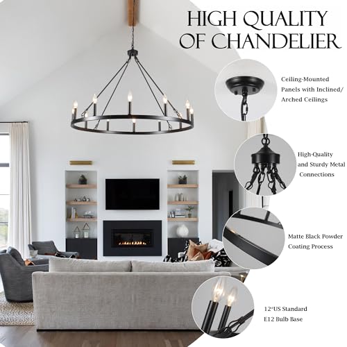 Wagon Wheel Chandelier 12 Light 38" Farmhouse Chandelier for Dining Room
