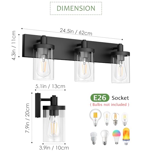 Black Vanity Light for Bathroom 3 Light Farmhouse Bathroom Lights Fixtures Over Mirror with Clear Glass Shade