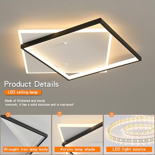 Black Modern LED Bedroom Ceiling Light Dimmable Flush Mount Ceiling Light Fixture 22" Square Ceiling Lamp with Remote Control Kitchen Lighting Fixture Ceiling