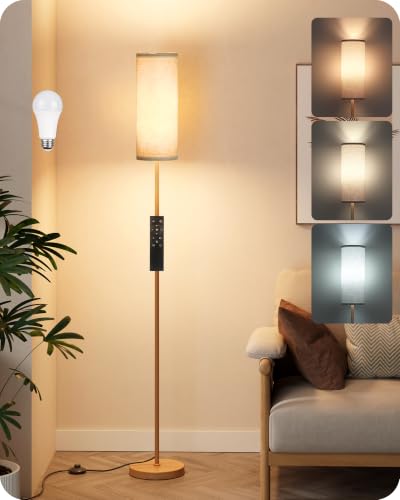Wooden Textured Tall Slim Floor Lamp for Living Room with Remote and Foot Switch