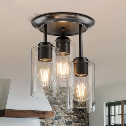 3 Lights Semi Flush Mount Ceiling Light Fixture Black for Kitchen (3 Count)
