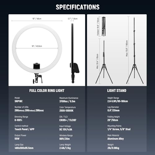 SRP18C 18 Inch RGB LED Ring Light Kit with Reversible Tripod Light Stand App Control Phone Holder Compatible with iPhone