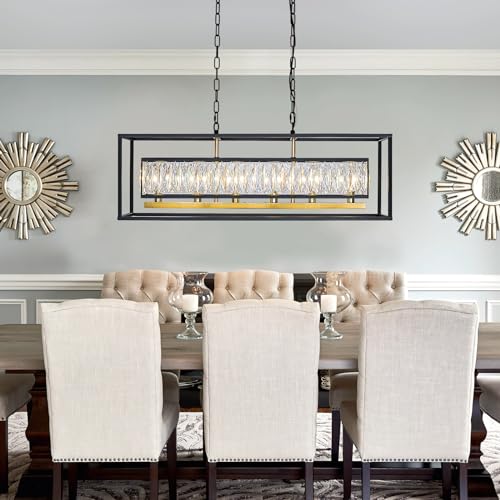 Modern Black and Gold Rectangle Crystal Chandeliers for Dining Room