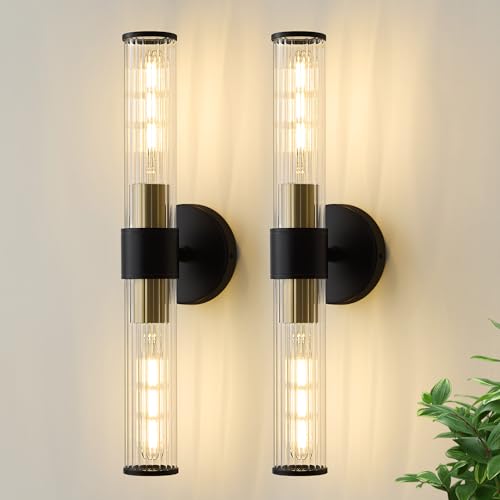 Hardwired Black Gold Vanity Light Threaded Glass Wall Sconce 2 Pack (2 Count)