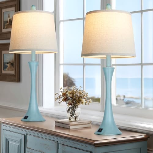 Blue Metal Table Lamp Set of 2 with USB C+A Ports (2 Count)