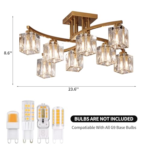 8 Light Modern Sputnik Ceiling Light Fixture Farmhouse Crystal Semi Flush Mount Ceiling Light Gold Chandeliers for Dining Room Living Room Kitchen Island Bedroom Entryway