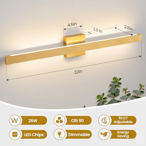 Modern Bathroom Light Fixtures Over Mirror 32 Inch Gold Bathroom Vanity Light with Up & Down Lighting 26W Dimmable 5CCT LED Vanity Lighting Fixture Bar for Restroom Mirror Cabinet