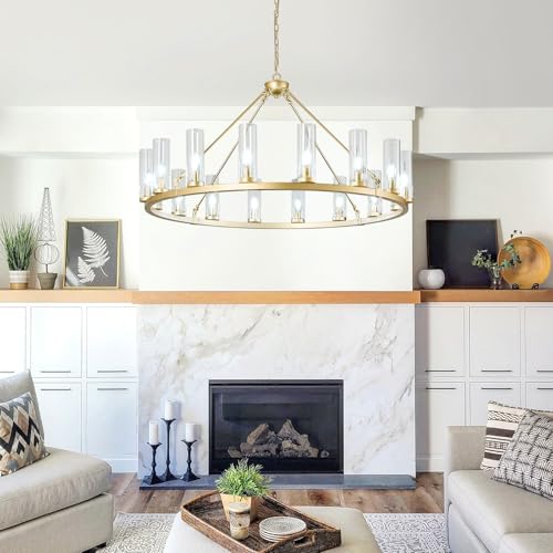 16 Light Large Wagon Wheel Chandelier with Clear Glass Shade Gold Round Pendant Light Farmhouse Industrial Chandeliers Dining Room Light Fixture for Stair Living Room Foyer Kitchen