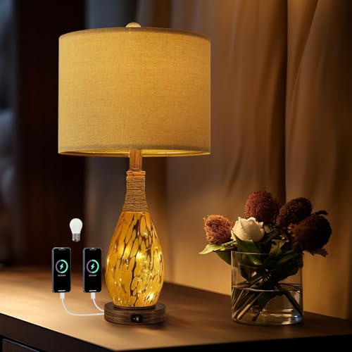 23" USB A+C Table Lamp for Bedroom Living Room Modern Bedside Lamps Retro Farmhouse Rattan Glass Nightstand Nightlight Lamps