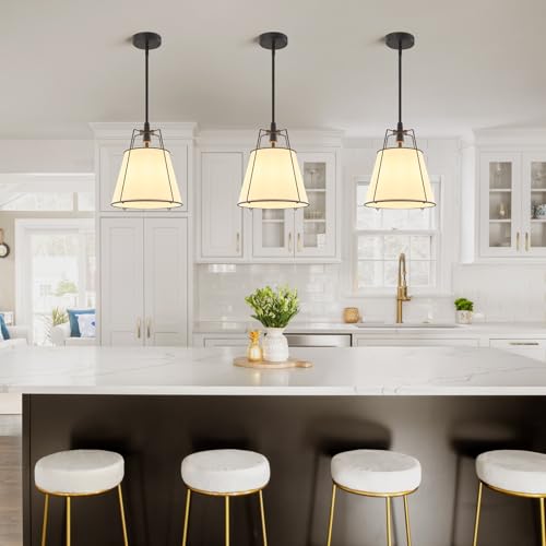 Modern Pendant Light Fixtures with 13" White Linen Fabric Shade