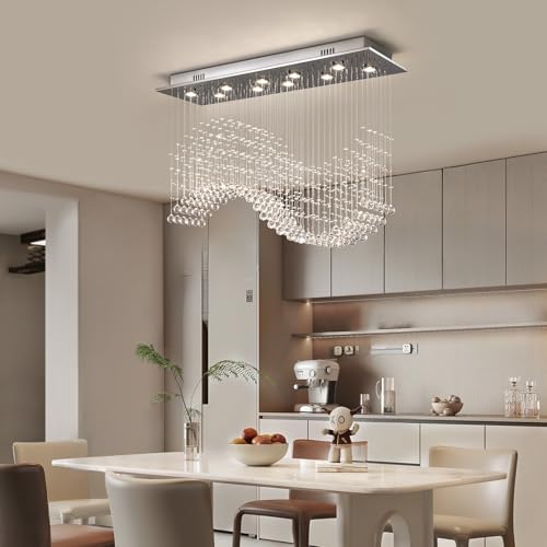 Modern Wave Crystal Chandelier for Dining Room 10 Lights Luxury Rectangular Flush Mount Crystal Ceiling Light for Living Room Kitchen Island Length 40 Inch