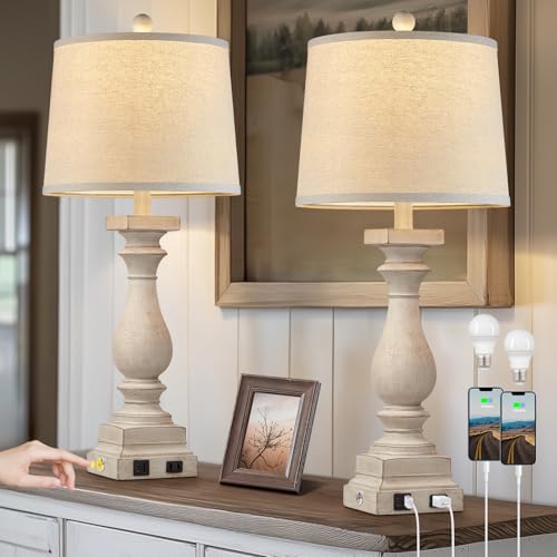 28" Tall Farmhouse Table Lamps Set of 2 with USB C+A Ports and AC Outlet (2 Count)