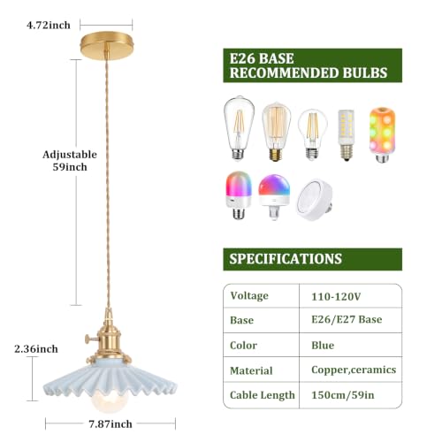 Pendant Light with Blue Pleated Ceramic Lmapshade