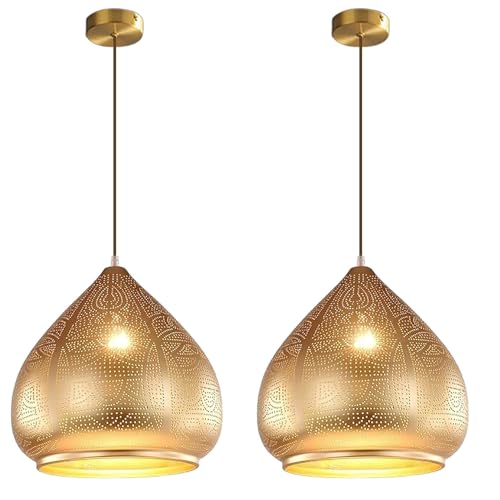 2 Pack Hanging Pendant Light Gold Turkish Moroccan Ceiling Light 11.8 Inch Metal Dome Shade Industrial Hanging Light for Dining Room Bedroom Kitchen Island