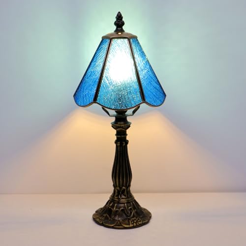 Small Tiffany Table Lamp Yellow Rippled Stained Glass Desk Lamps 6X6X14 Inch Bronze Resin Base Antique Mini Accent Light
