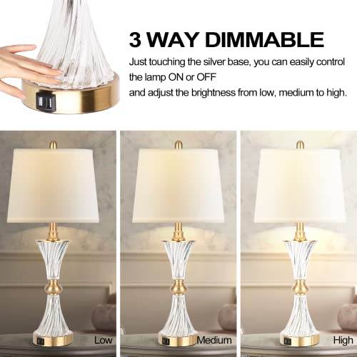 Touch Table Lamps for Bedroom Set of 2 Modern Living Room 3 Way Dimmable Gold Glass Bedside Nightstand Lamp for End Table with 2 USB Charging Port