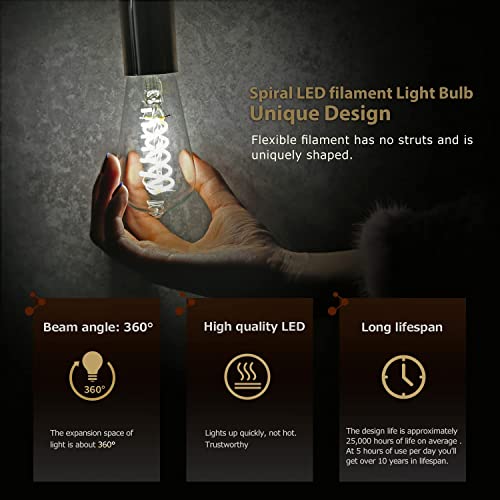 ST19(ST58) LED Edison Bulb, Vintage,6 Pack,Natural White 4000K, Antique Flexible Spiral LED Filament Light Bulb, Dimmable, 600LM, 6W Equivalent to 60W, E26 Base,Clear Glass (6 Count)