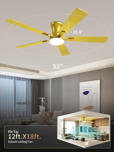 52 Inch Gold Low Profile Ceiling Fan with Light and Remote (Gold / 52 Inch)